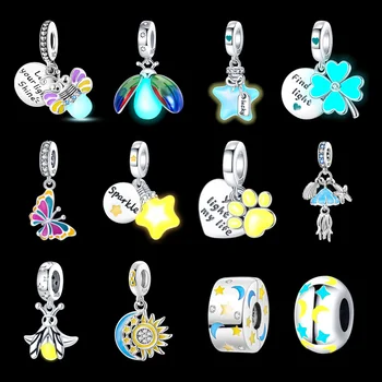 Подвески из стерлингового серебра 925 пробы, светящиеся в темноте, с подвесками в виде светлячков, подходят к оригинальным браслетам и ожерельям бренда Pandora в подарок для изготовления ювелирных изделий