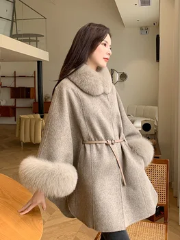 Полушерстяное пальто Женское Роскошное высокого качества 2023 года, новая Корейская модная зимняя одежда, плащ из натурального Лисьего меха, размер Оверсайз