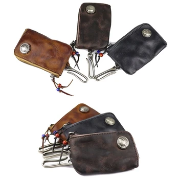 Портативный кожаный бумажник для ключей для мужчин, короткий винтажный держатель для автомобильных ключей на молнии, Pur