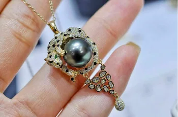 Потрясающее ожерелье с подвеской из таитянского круглого черного и зеленого жемчуга 9-10 мм AAA 925s