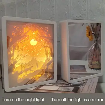 Прикроватная лампа, перезаряжаемая, Романтическая атмосфера многослойной бумажной гравировки, Украшающая Теплый 3D-светильник для вырезания из зеркальной бумаги, ночник