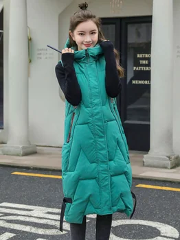 Пуховик длинный женский Новый осенне-зимний модный капюшон Корейский повседневный жилет пальто Жилет