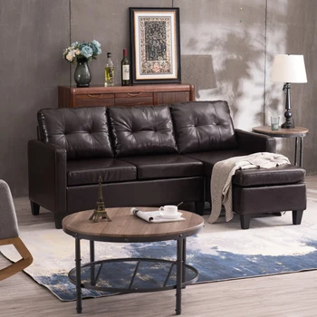 Раскладной секционный диван-кушетка, L-образный диван-кушетка с секцией из искусственной кожи для небольшой квартиры Коричневый 76,38 x 49,6 x 35 дюймов