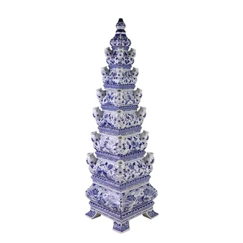 Расписанная в сине-белый цвет Фарфоровая Ваза-пагода для тюльпанов 