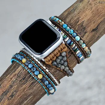 Ремешок в богемном стиле для Apple Watch 8, ремешок для женщин, винтажный тканый браслет из каменных бусин для iWatch серии 7 6 SE 5 4 3