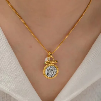 Ретро ожерелье бусины тускнеют, древние монеты кулон ожерелье женщина средневековый свет роскошный дворец ожерелье