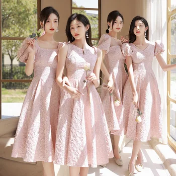 Розовое платье подружки невесты в 4 стилях, милое жаккардовое элегантное вечернее платье для сестринской группы с открытыми плечами, свадебное платье для гостьи чайной длины
