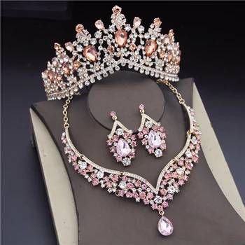 Розовые хрустальные диадемы, наборы свадебных украшений для женщин, модные серьги, ожерелья, набор свадебных платьев, корона, ожерелья, набор сережек