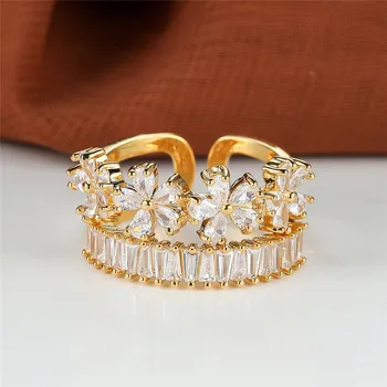 Роскошное Женское Регулируемое кольцо из Белого Камня, Классическое Обручальное кольцо из желтого золота, Обручальные кольца с цветочным хрусталем Для женщин