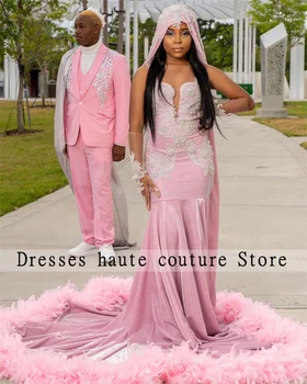 Роскошные выпускные платья из розового бархата 2023 для чернокожих девушек, свадебные платья с бисером и перьями, вечерние платья Mermiad