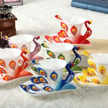 роскошный набор керамических кофейных чашек в форме 3d павлина с блюдцем и ложкой