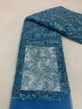 Роскошный Синий Высококачественный бисер ручной работы, Тюлевое кружево, Африканское кружево 2023, Вышитое Нигерийское кружево для свадебного платья