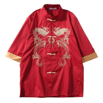 Рубашка с китайским драконом, мужская традиционная льняная одежда, Летний мужской костюм Тан, Азиатская мода, повседневная уличная одежда, верхняя рубашка KK3407