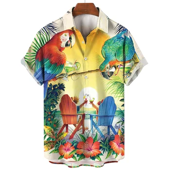 Рубашка с принтом забавного попугая Для мужчин, модные футболки с коротким рукавом, однобортная блузка с лацканами, уличная одежда в стиле хип-хоп Harajuku, Свободные топы