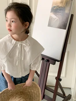 Рубашки для девочек и детские топы с большими отворотами в корейском стиле 2023, Летняя детская Новая рубашка, Бутик одежды в простом стиле