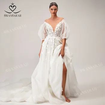 Свадебное платье с 3D Цветами 2023, Модное Платье с V-образным вырезом и открытыми плечами, Трапециевидное Платье Принцессы Vestido De Novia SwanSarah M215, Платье Невесты