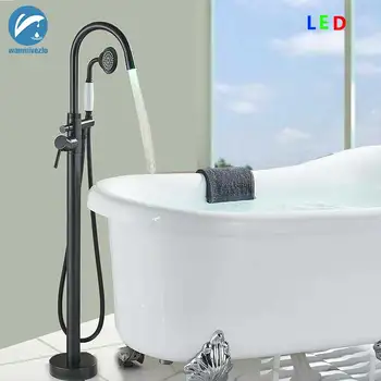 Светодиодная Черная Напольная подставка для ванны Смеситель Смеситель с одной ручкой 360 Поворотный Излив С ABS Ручной душ Смеситель для ванны Душ