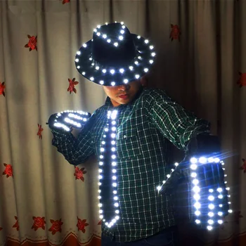 Светодиодный костюм Одежда светодиодная светящаяся джазовая Шляпа С легким галстуком Светодиодные перчатки Светодиодный костюм для Майкла куртка Косплей Костюм