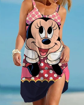 Сексуальное платье на бретелях с Минни и Микки Маусом от Disney, женское романтическое вечернее платье с открытой спиной, женское летнее платье трапециевидной формы без рукавов