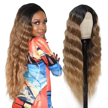 Синтетический кружевной парик цвета омбре коричневого цвета, длинные вьющиеся парики для женщин, парик с глубокой волной, средняя часть с искусственной кожей головы, синтетический парик 14-32 дюйма