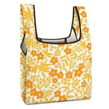 Складная Хозяйственная сумка с индивидуальным принтом, сумочка с двойным ремешком, сумка с оранжевым цветочным принтом, повседневная Женская сумка для продуктов на заказ.