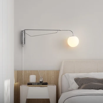 Современные светодиодные настенные светильники с коромыслом, прикроватные тумбочки для спальни, гостиной, Настенный светильник для чтения, Выдвижная лампа из молочно-белого стекла, Серебристый