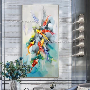 Современный художник, 100% ручная роспись маслом в виде Золотой рыбки, толстый синий холст, украшение дома ручной работы, искусство гостиной