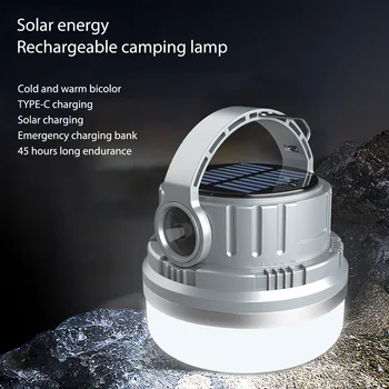 Солнечная лампа для палатки, двойной источник света, аварийный фонарик емкостью 2400 мАч, крючок и магнитное дно, 6 режимов питания для ночных походов