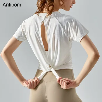 Спортивная блузка с разрезом из жаккарда Antibom, женская быстросохнущая футболка для фитнеса с коротким рукавом, свободный дышащий топ для йоги