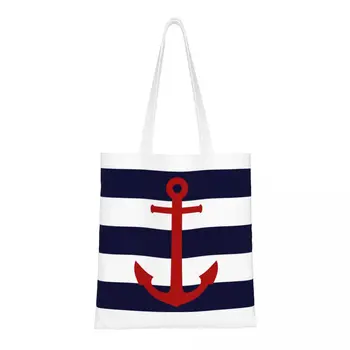 Сумки-тоут для покупок в морском стиле с забавным принтом, портативная холщовая сумка-шоппер на плечо с красным якорем в темно-синюю полоску.