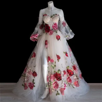 Сшитое на заказ свадебное платье без бретелек с рукавами-пузырями в виде сердца, бальное платье с аппликацией и цветочным разрезом по бокам, вечерние платья длиной до пола