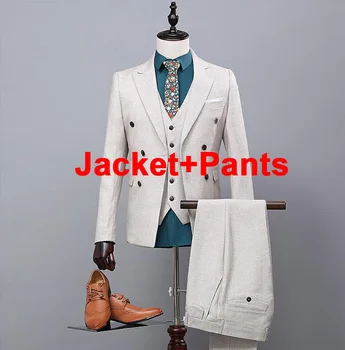 Сшитые на заказ Серые мужские костюмы в елочку, Двубортный свадебный блейзер, костюм джентльмена на заказ (куртка + брюки + жилет)
