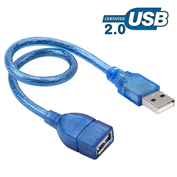 Удлинительный кабель USB 2.0, Медный от мужчины к женщине, Короткий кабель USB с двойным экранированием, Прозрачный синий, высокоскоростной, с защитой от помех, 30 см