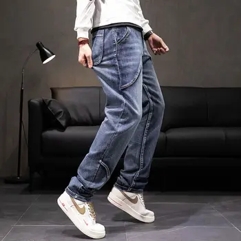 Уличная одежда, весенне-осенние повседневные прямые джинсы, мужские однотонные лоскутные Базовые повседневные джинсовые мужские брюки с эластичной резинкой на талии A62