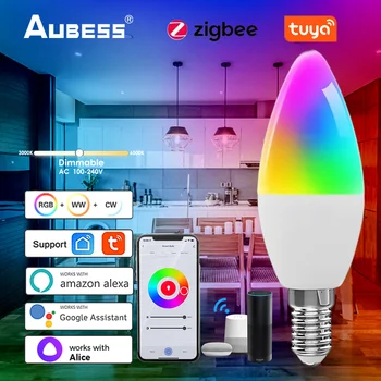 Умная лампочка Zigbee мощностью 5 Вт, лампа-свеча E14, светодиодная лампа с регулируемой яркостью RGB, приложение дистанционного управления, Совместимое с Alexa, Google Home, Alice