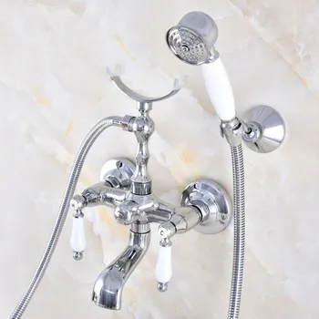Хромированный латунный настенный смеситель для ванны на ножках с ручным душем Lna712