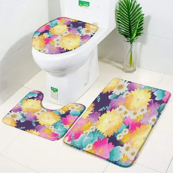 Цветочный набор ковриков для ванной Красочные цветы Декор ванной комнаты Противоскользящие коврики для ванной комнаты и набор ковриков Напольный ковер Крышка унитаза