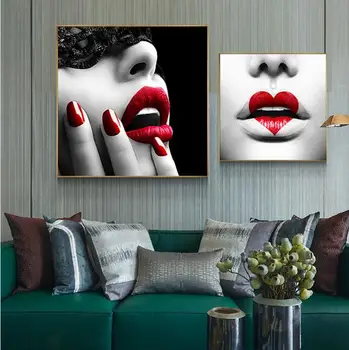 Черно-белые современные сексуальные плакаты с красными губами и сердечками и принты на холсте в скандинавском стиле для украшения гостиной Без настенных рисунков в рамах