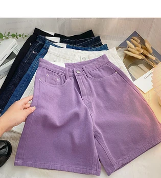 Шикарные прямые свободные женские джинсовые шорты, Летние карманы с высокой талией, женские широкие джинсовые шорты 2023 г.