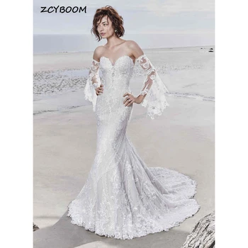 Элегантные Белые аппликации в виде сердечка, расклешенные рукава, свадебные платья 2023, Русалка, длина до пола, стреловидный шлейф, Свадебное платье на заказ